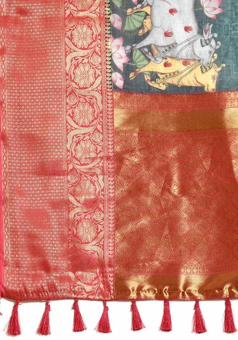 Green Printed Munga Silk Saree