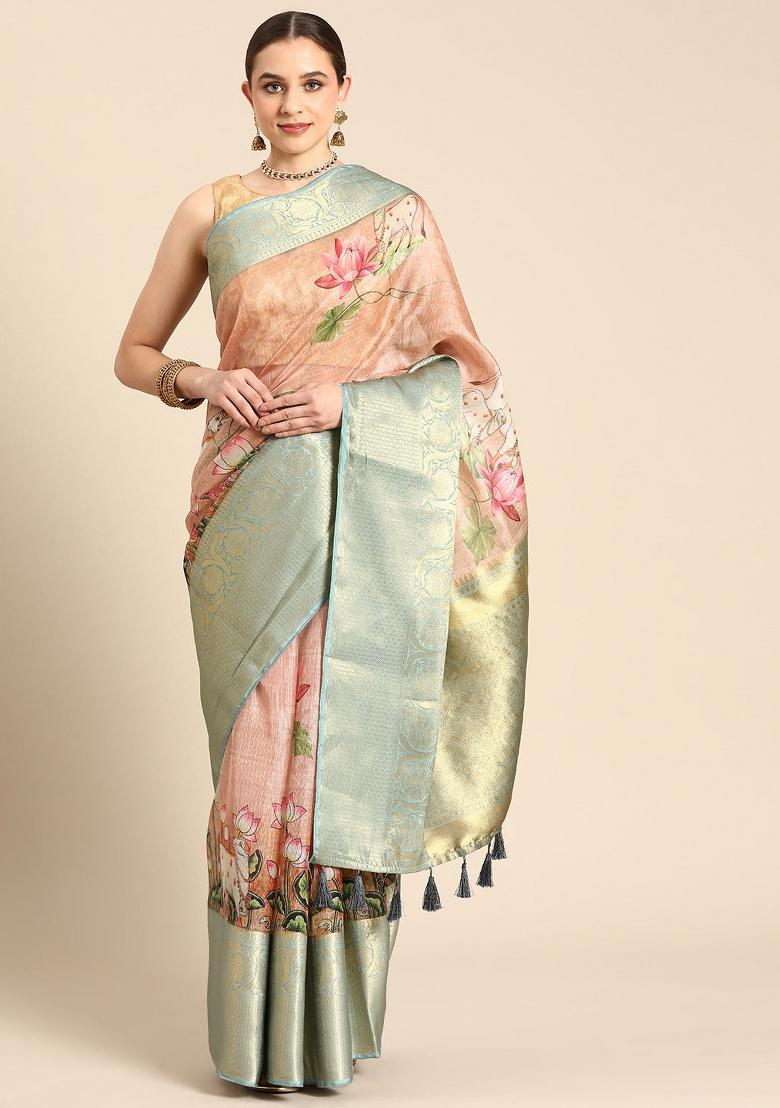 Peach Printed Munga Silk Saree
