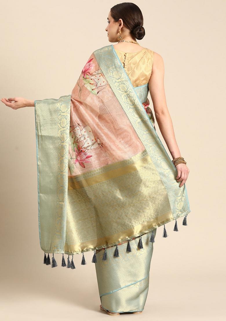 Peach Printed Munga Silk Saree