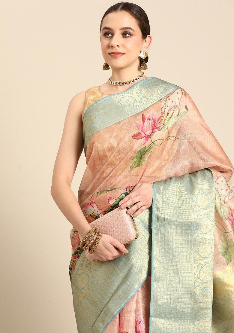 Peach Printed Munga Silk Saree