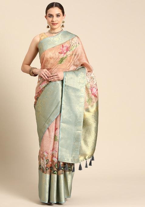 Peach Printed Munga Silk Saree