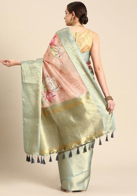 Peach Printed Munga Silk Saree