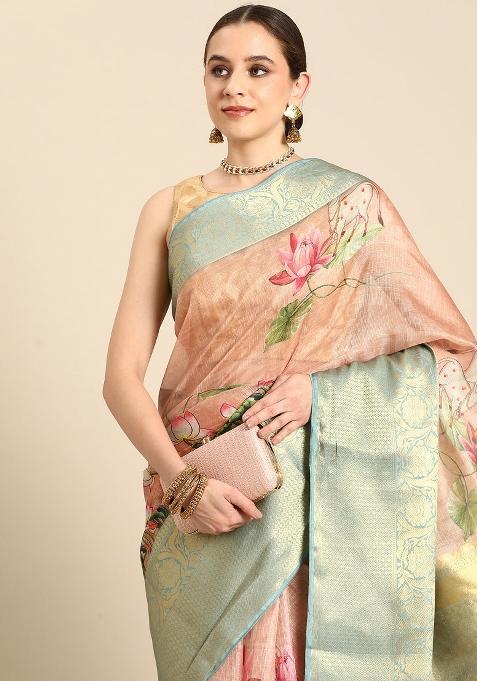 Peach Printed Munga Silk Saree