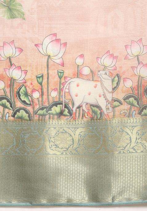 Peach Printed Munga Silk Saree