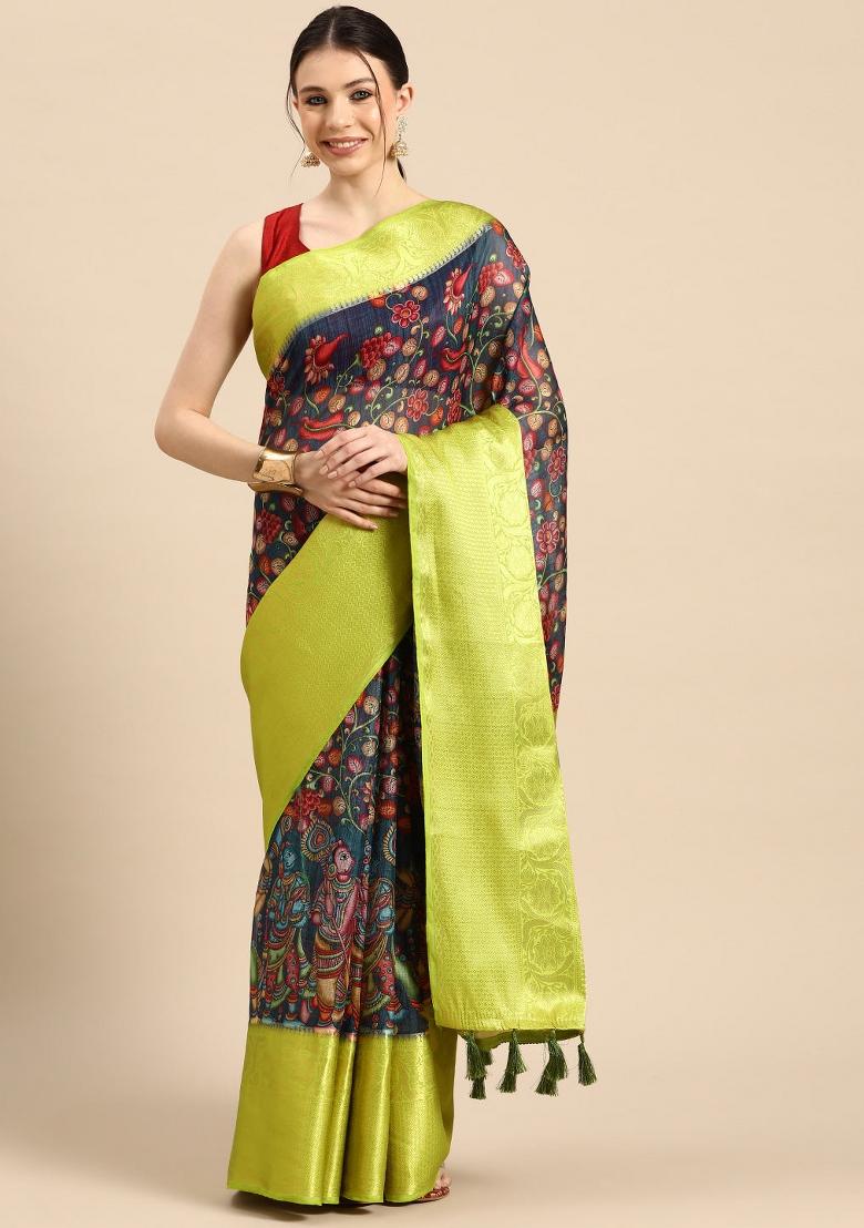 Navy Blue Printed Munga Silk Saree