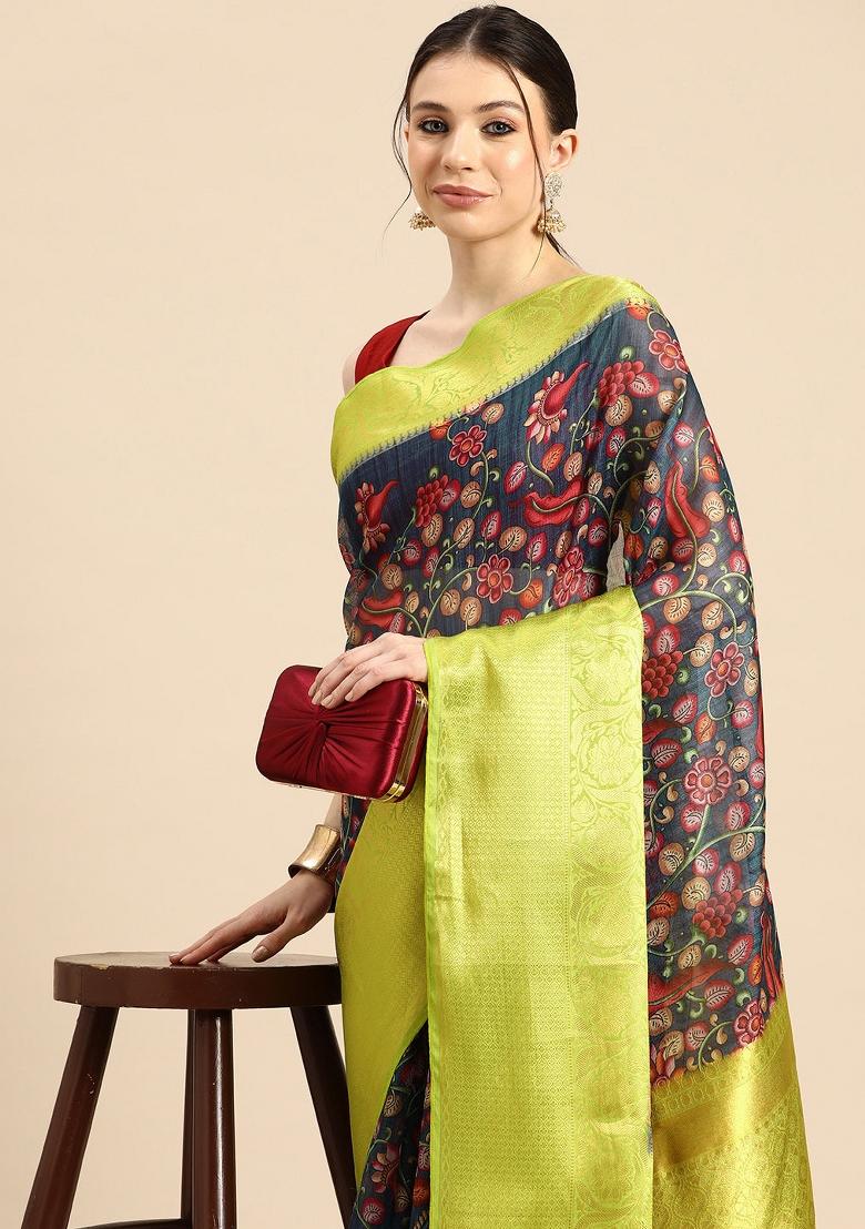 Navy Blue Printed Munga Silk Saree