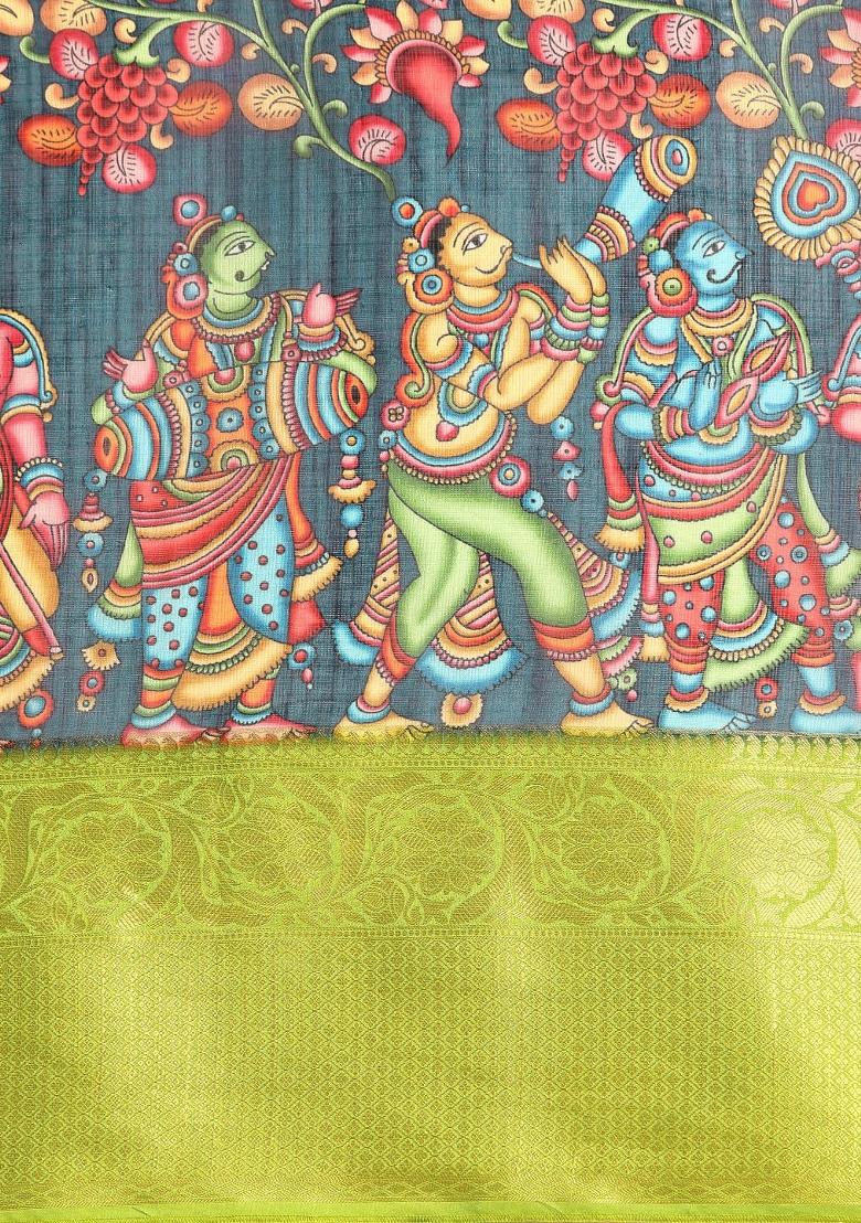 Navy Blue Printed Munga Silk Saree