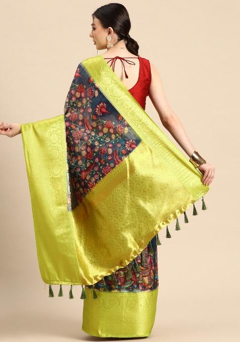 Navy Blue Printed Munga Silk Saree