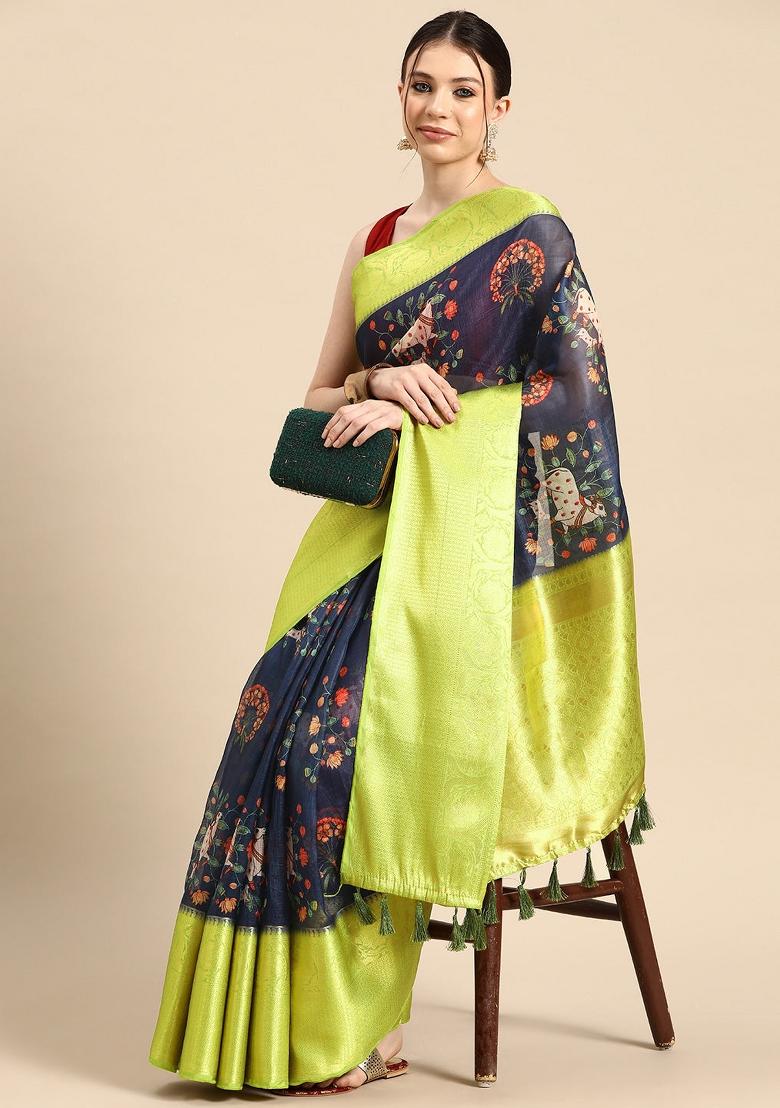 Navy Blue Printed Munga Silk Saree