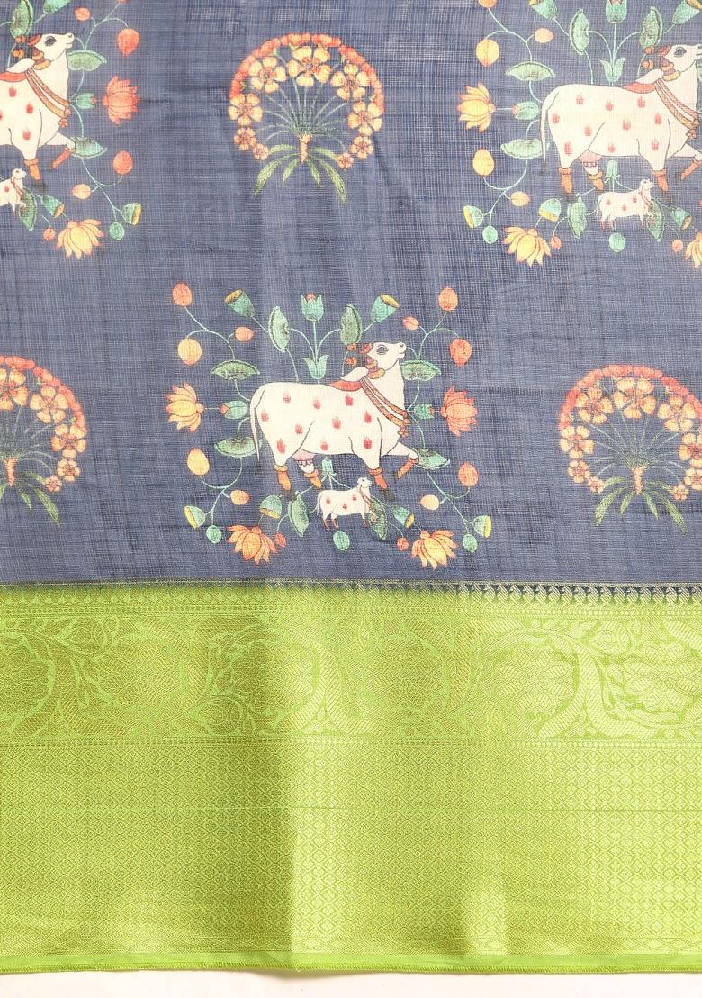 Navy Blue Printed Munga Silk Saree
