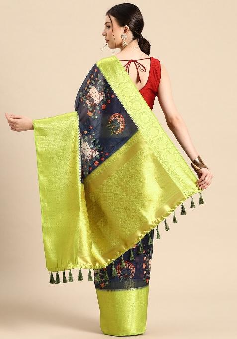 Navy Blue Printed Munga Silk Saree