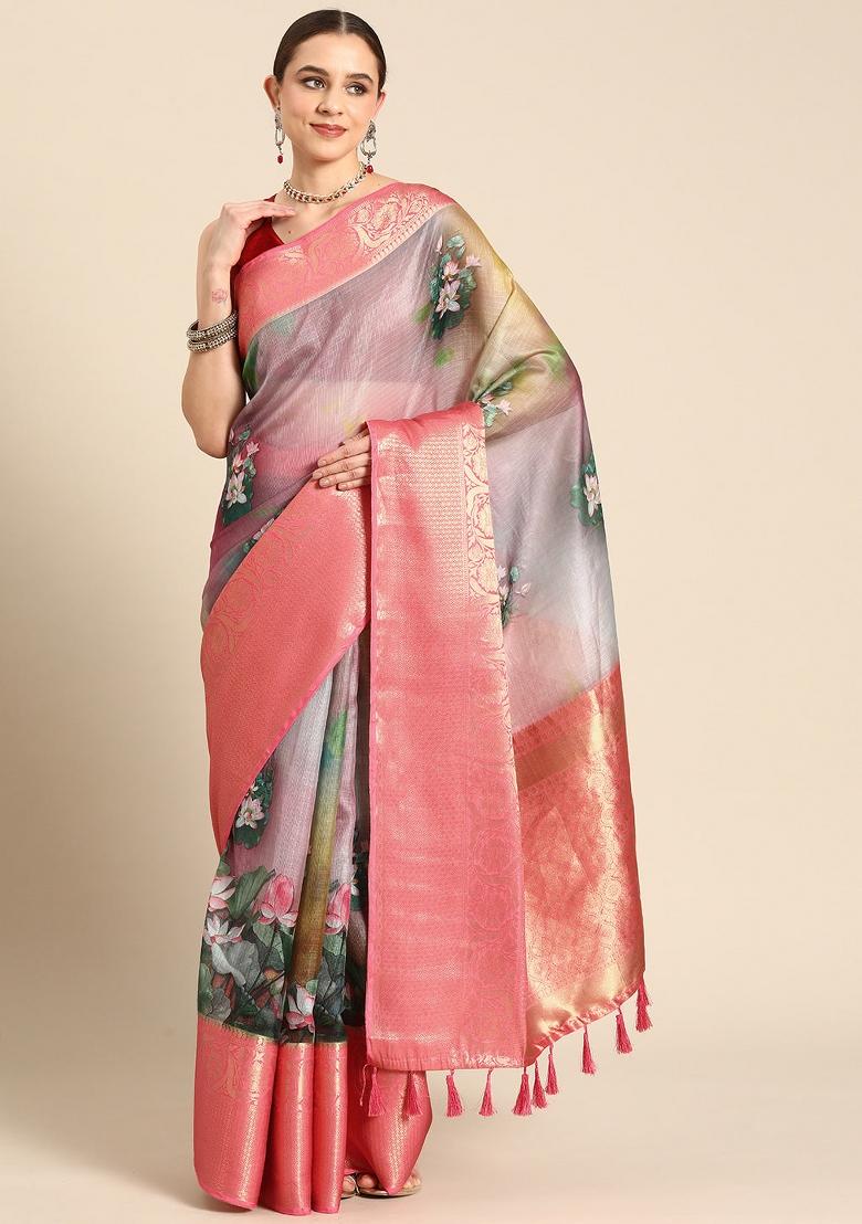 Multicolor Printed Munga Silk Saree