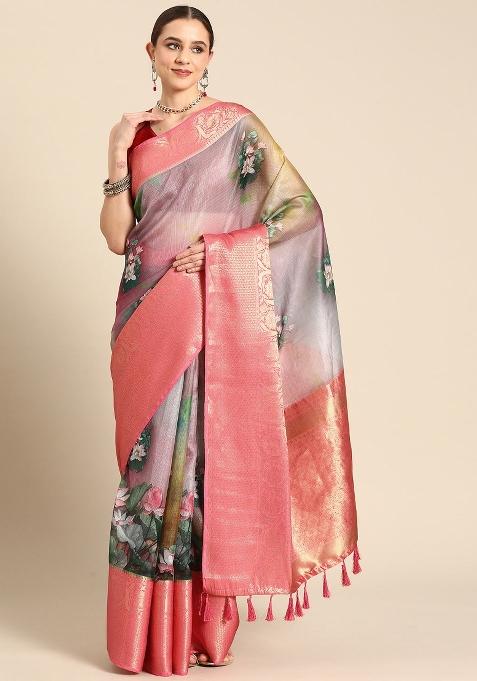 Multicolor Printed Munga Silk Saree