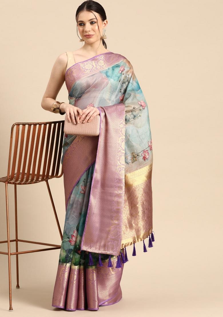 Multicolor Printed Munga Silk Saree