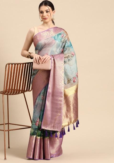 Multicolor Printed Munga Silk Saree