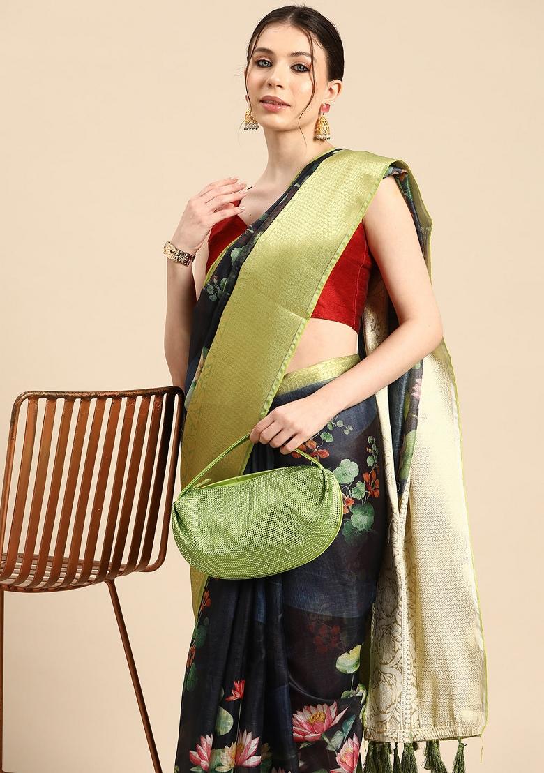 Navy Blue Printed Munga Silk Saree
