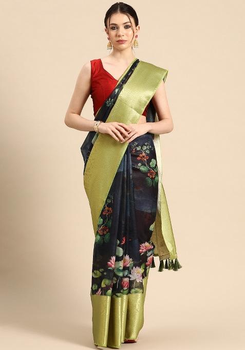 Navy Blue Printed Munga Silk Saree