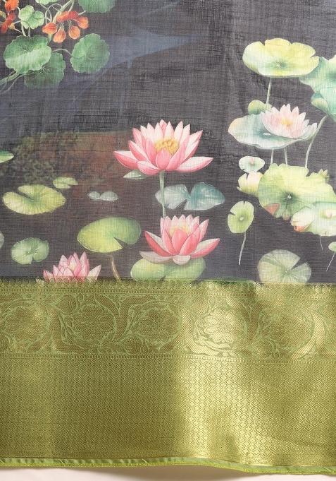 Navy Blue Printed Munga Silk Saree