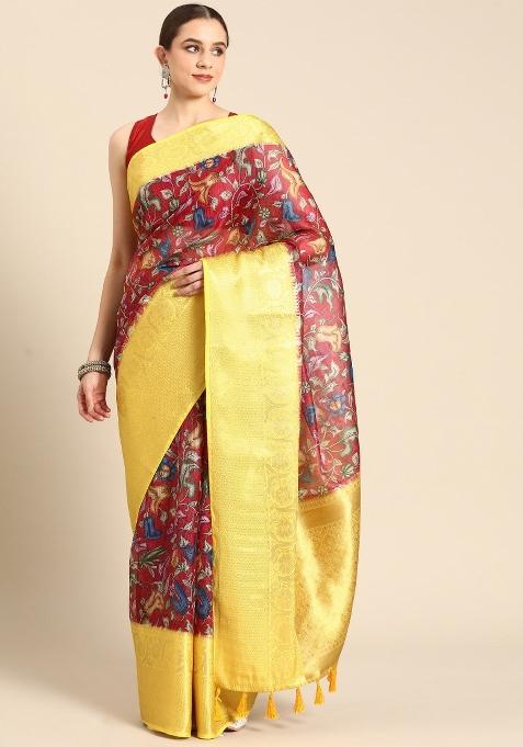 Maroon Printed Munga Silk Saree