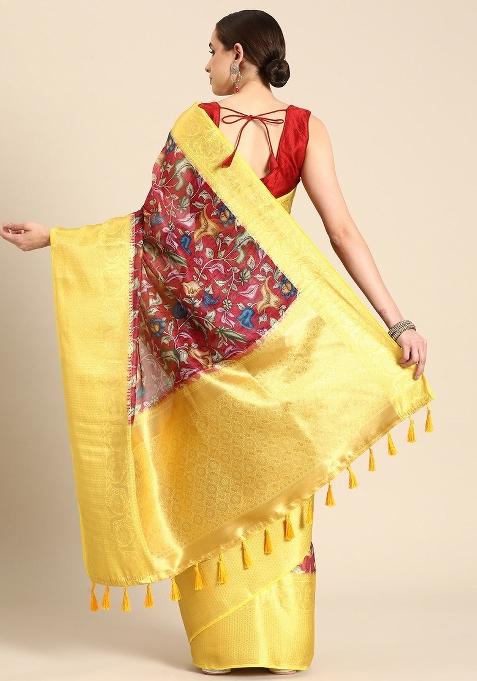 Maroon Printed Munga Silk Saree