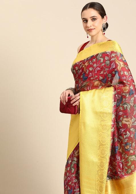 Maroon Printed Munga Silk Saree