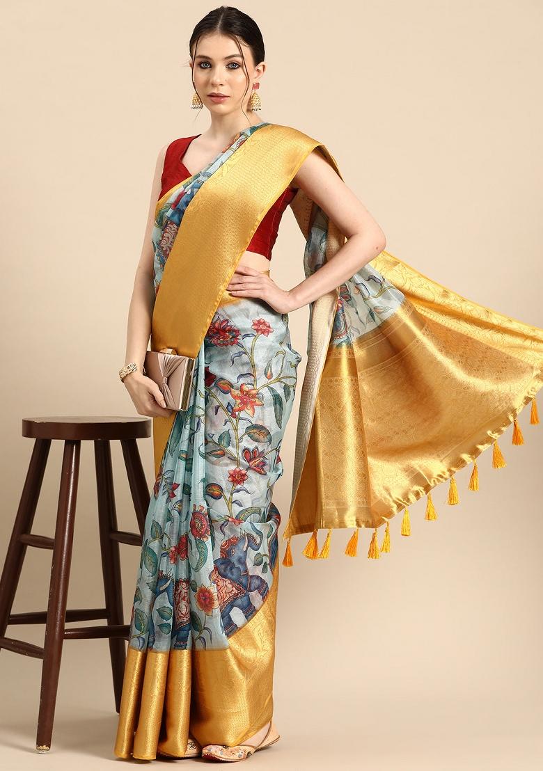 Sky Blue Printed Munga Silk Saree