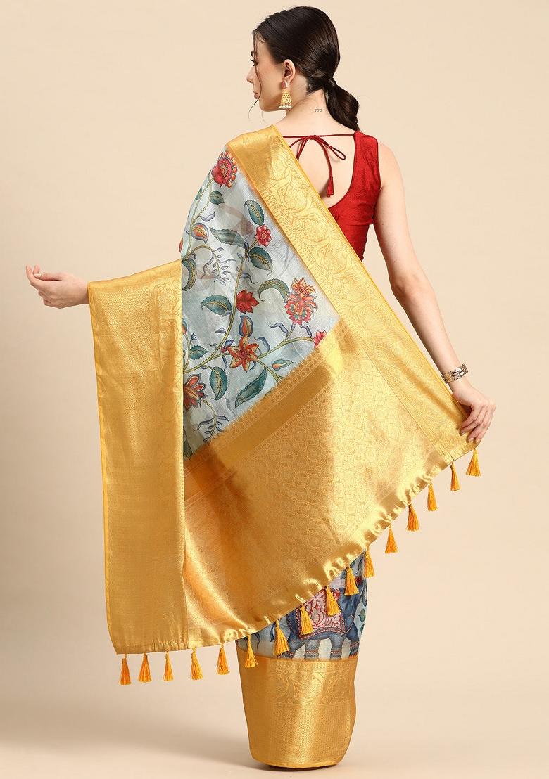 Sky Blue Printed Munga Silk Saree