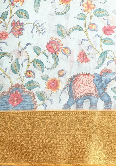 Sky Blue Printed Munga Silk Saree