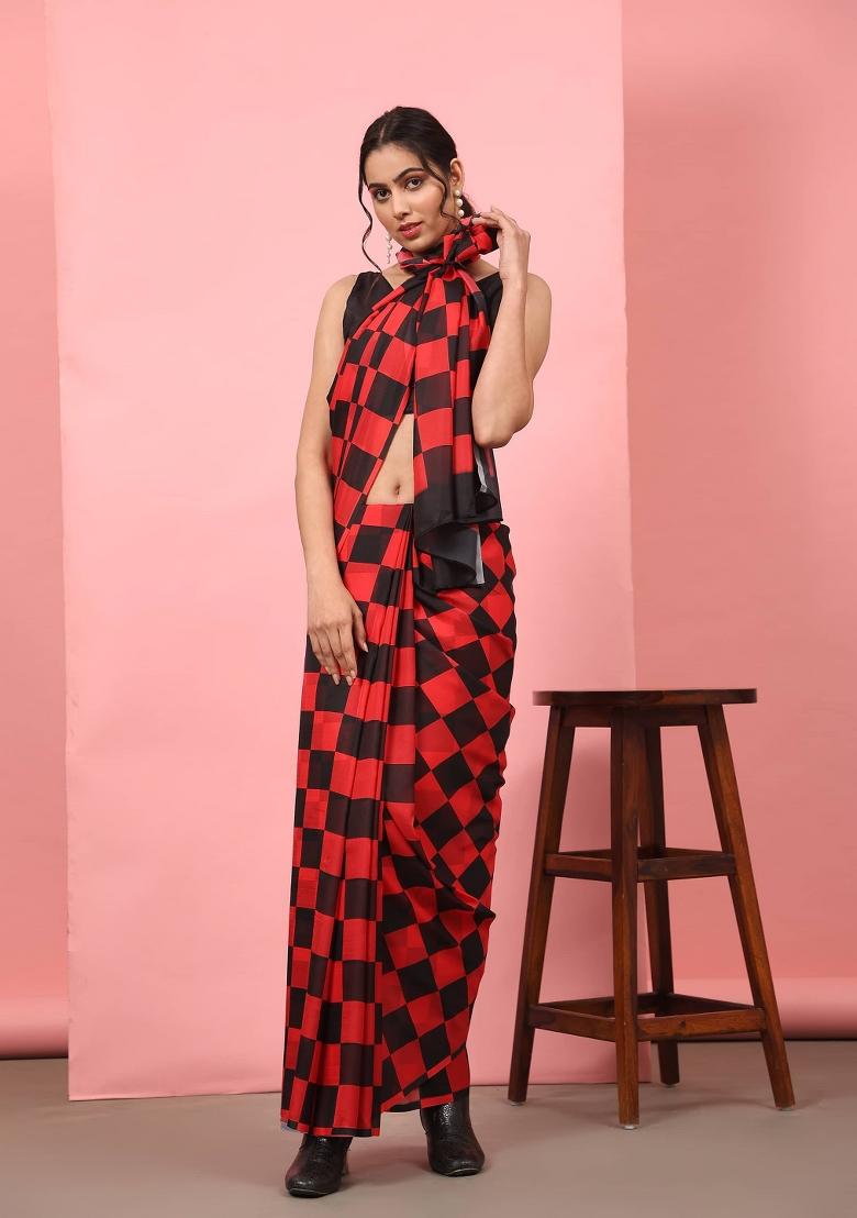 Red Printed Silk Blend Saree