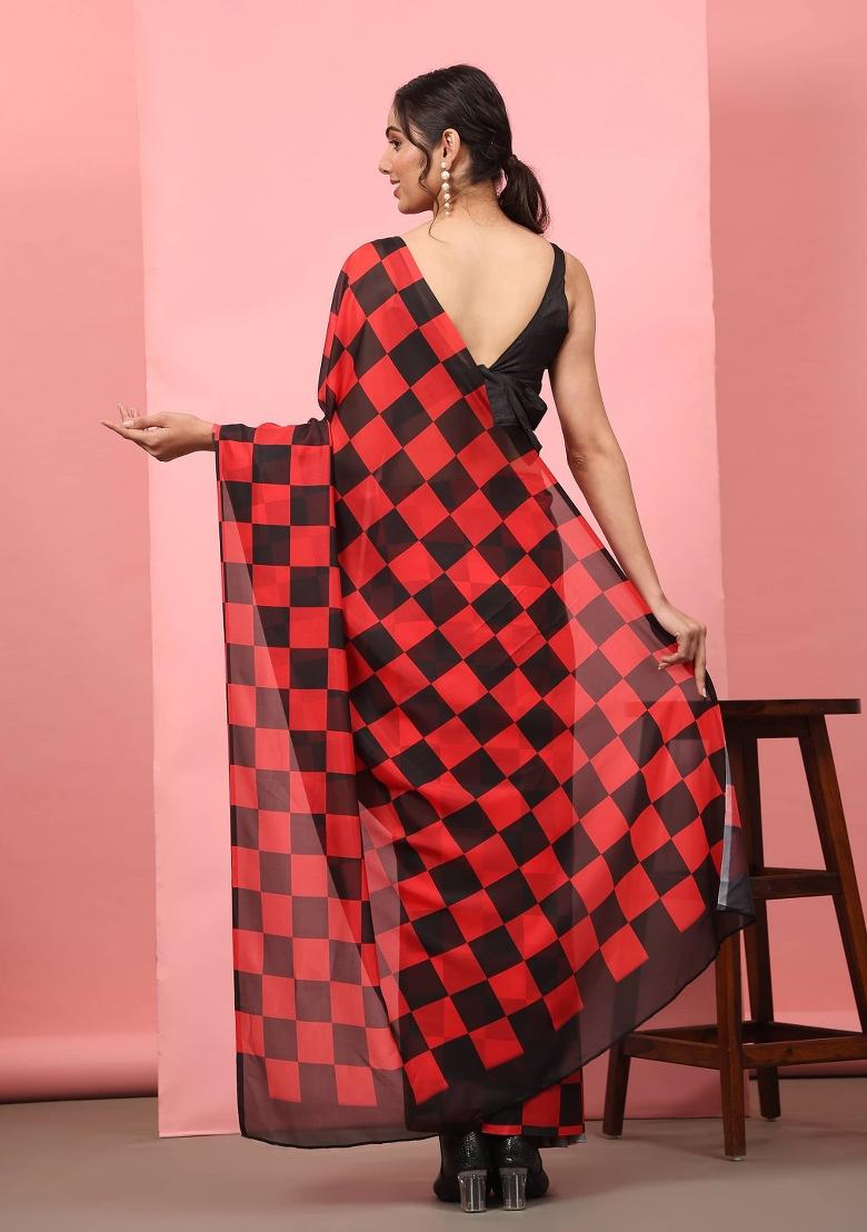 Red Printed Silk Blend Saree