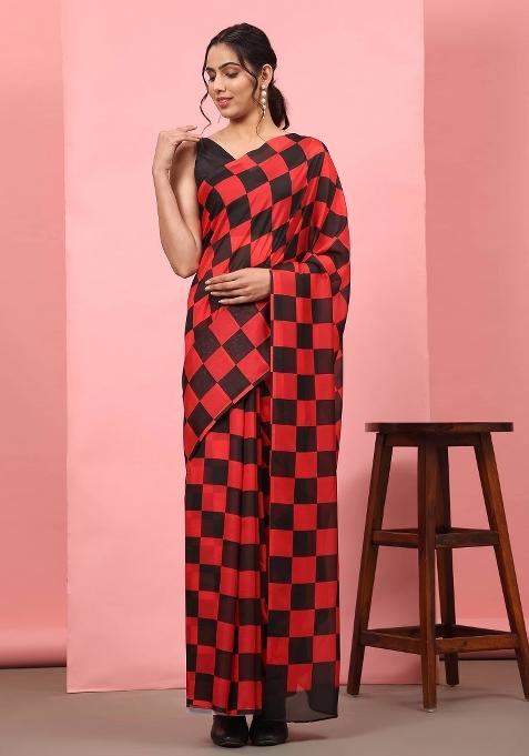 Red Printed Silk Blend Saree