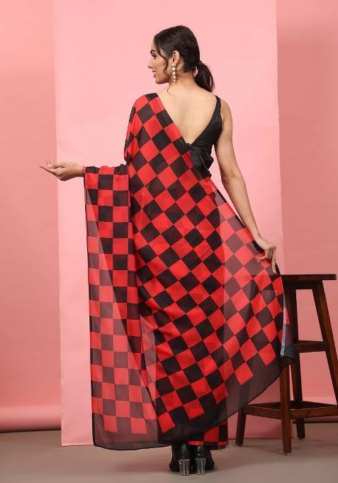 Red Printed Silk Blend Saree