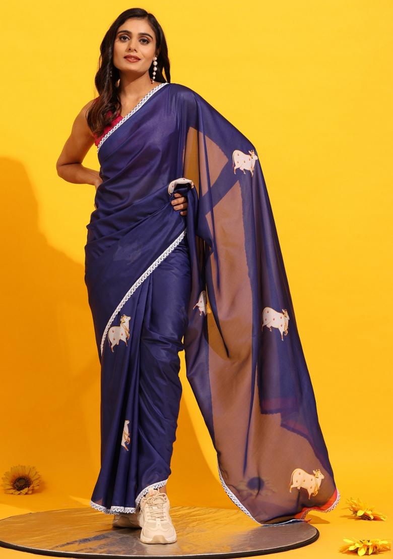 Navy Blue Printed Silk Blend Saree