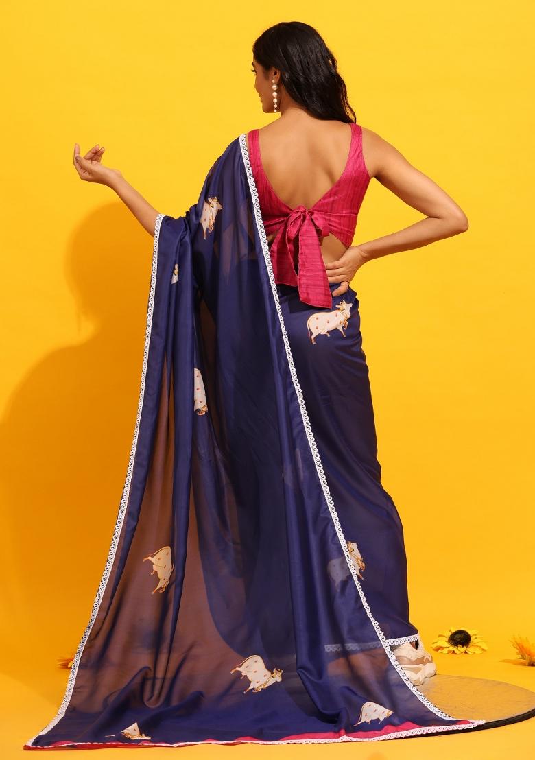 Navy Blue Printed Silk Blend Saree