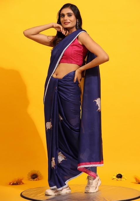 Navy Blue Printed Silk Blend Saree