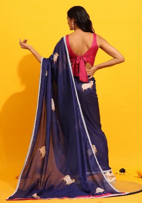 Navy Blue Printed Silk Blend Saree
