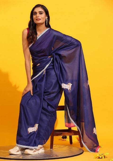 Navy Blue Printed Silk Blend Saree