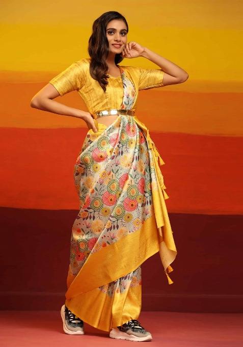 Yellow Woven Design Silk Blend Saree