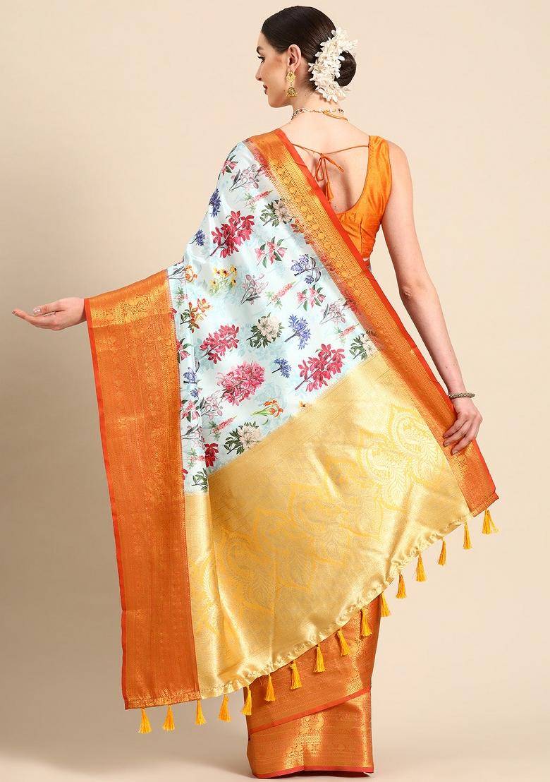 Sky Blue Printed Pure Silk Saree