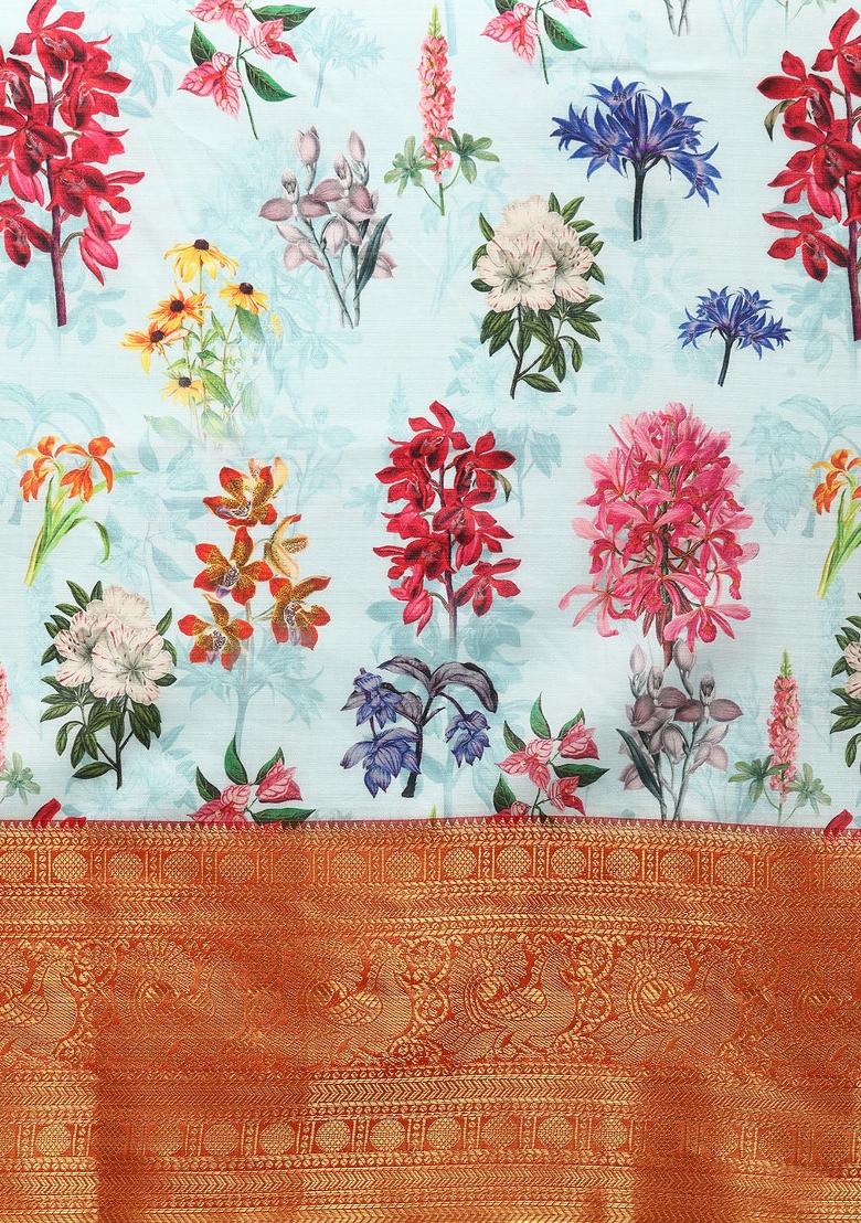 Sky Blue Printed Pure Silk Saree