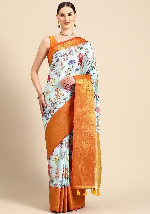 Sky Blue Printed Pure Silk Saree