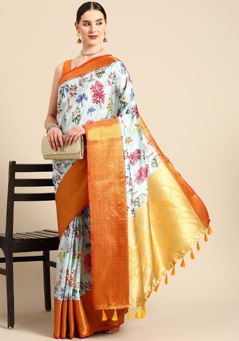 Sky Blue Printed Pure Silk Saree