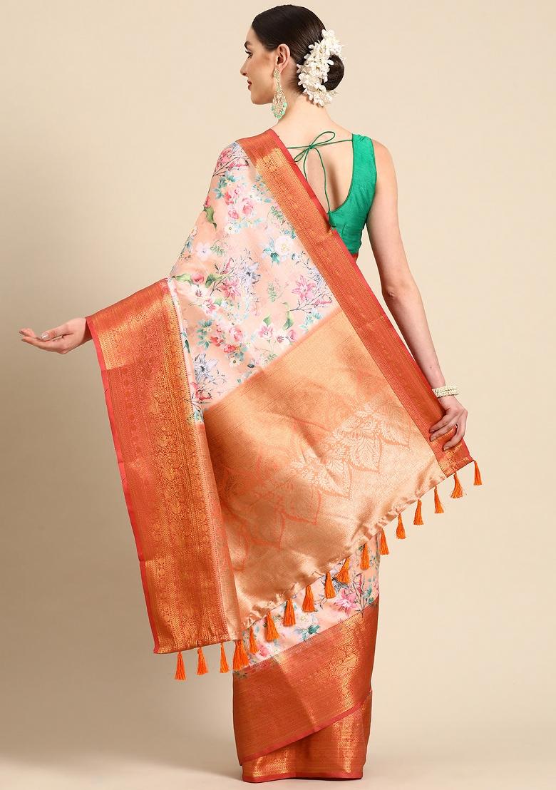 Peach Printed Pure Silk Saree