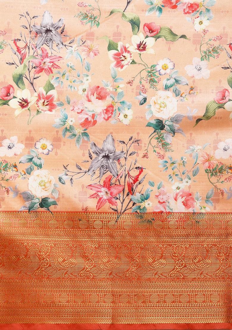 Peach Printed Pure Silk Saree