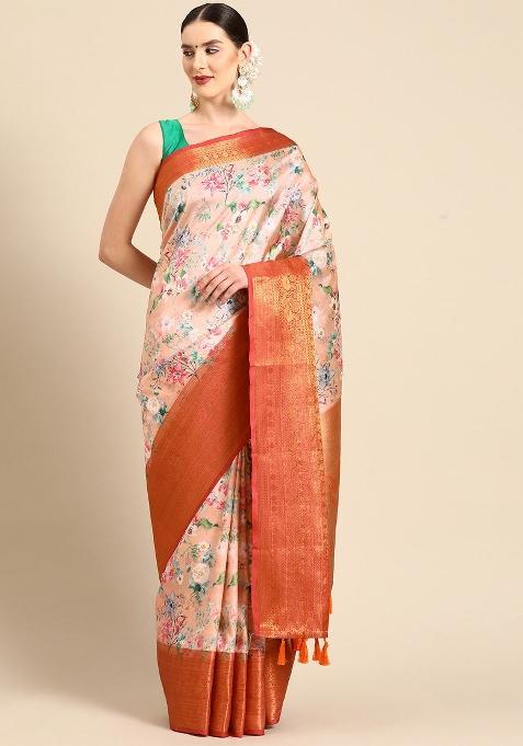 Peach Printed Pure Silk Saree