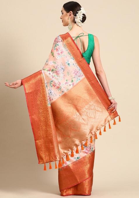 Peach Printed Pure Silk Saree
