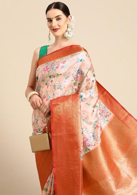Peach Printed Pure Silk Saree