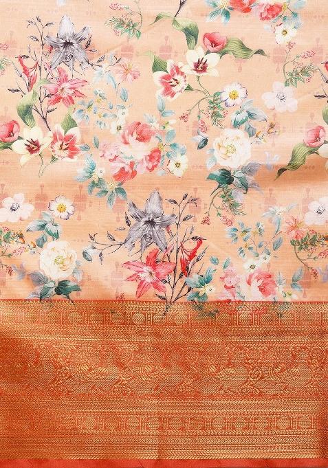 Peach Printed Pure Silk Saree
