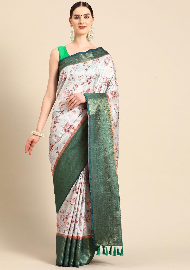 Grey Printed Pure Silk Saree