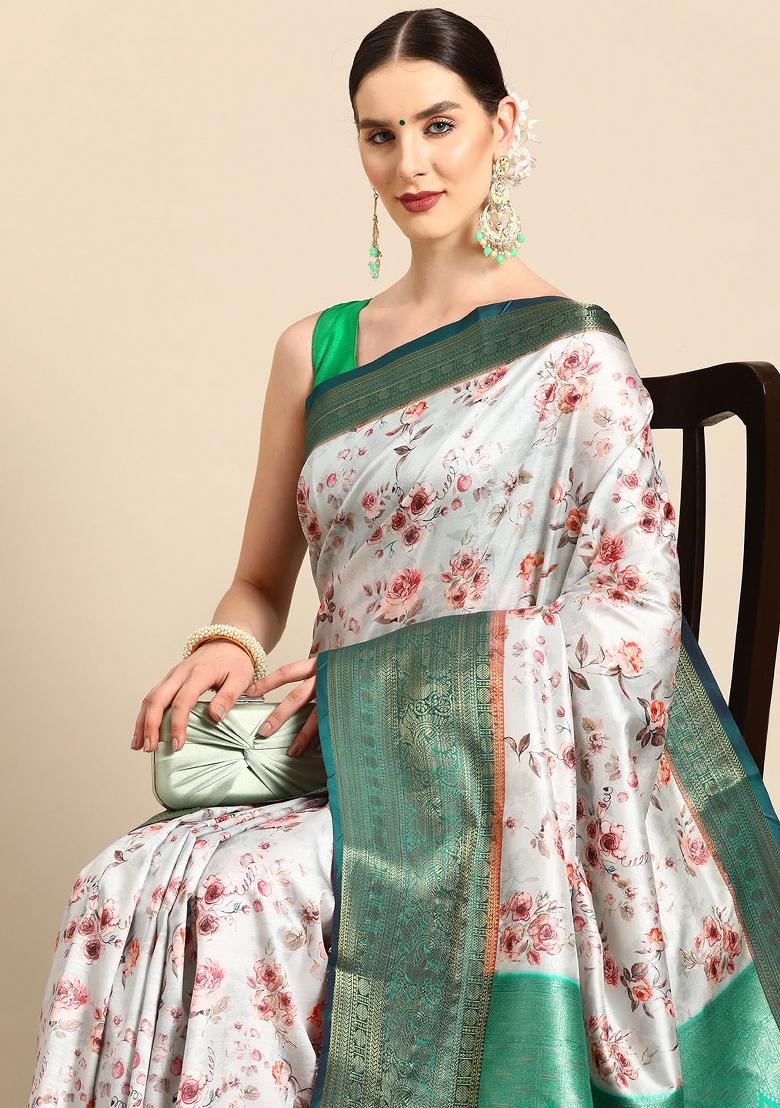 Grey Printed Pure Silk Saree